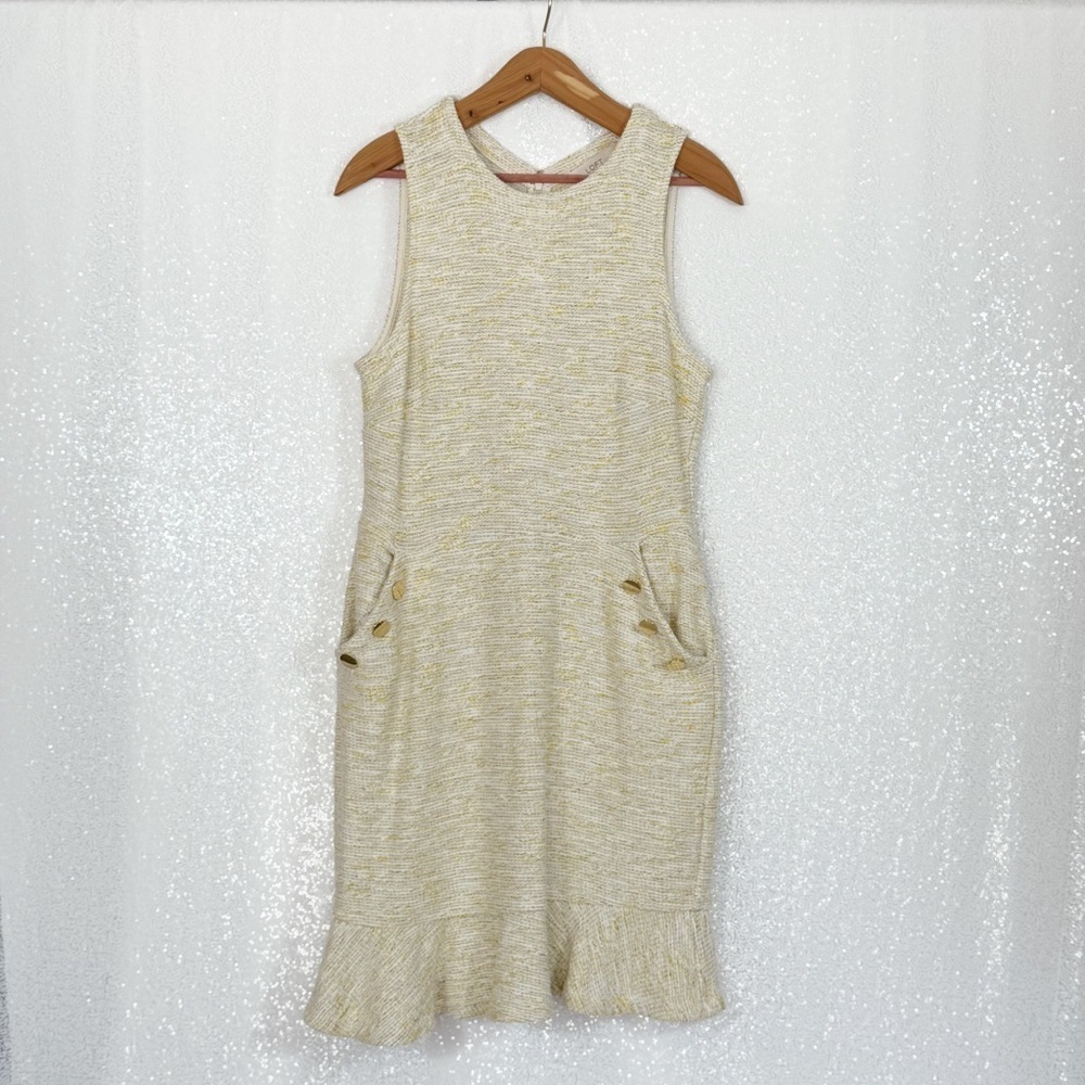 LOFT yellow Tweed Sleeveless Ruffle Hem dress size 10P - Picture 2 of 11